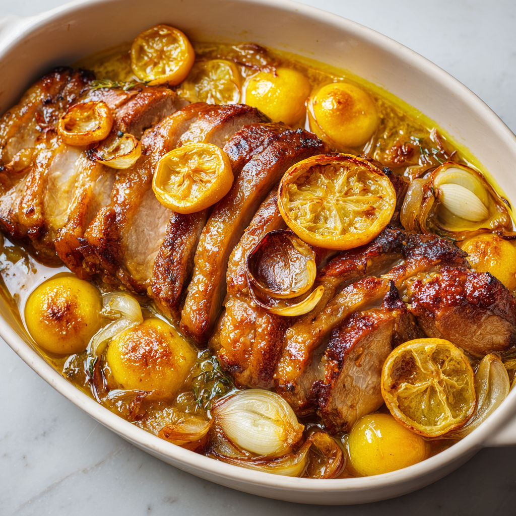 Des morceaux de porc mijotés au citron confit sont dressés sur un plat en céramique.