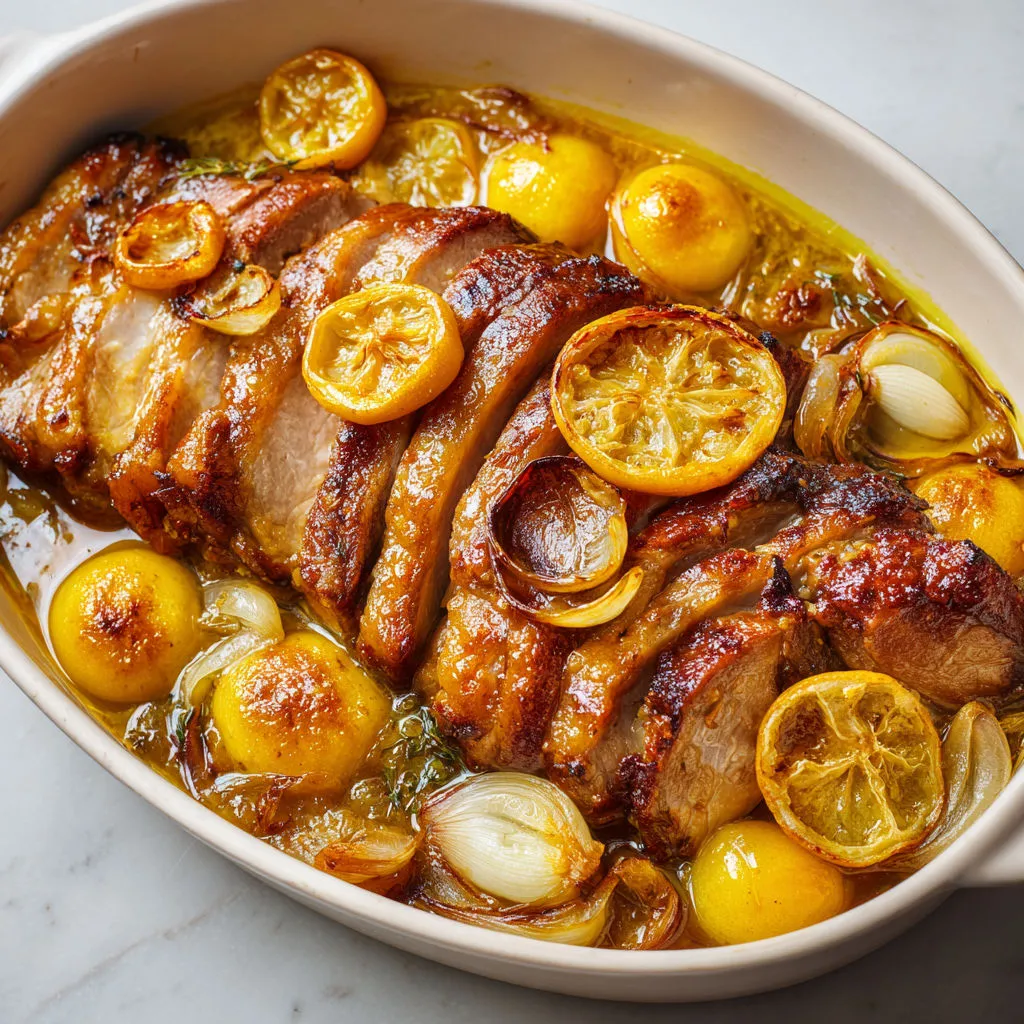 Des morceaux de porc mijotés au citron confit sont dressés sur un plat en céramique.