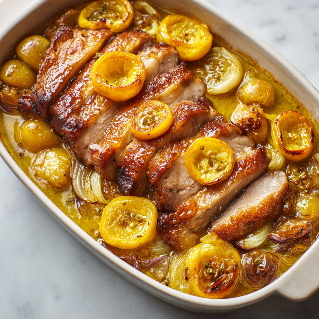 Rouelle de porc tendre aux citrons confits et échalotes dorées