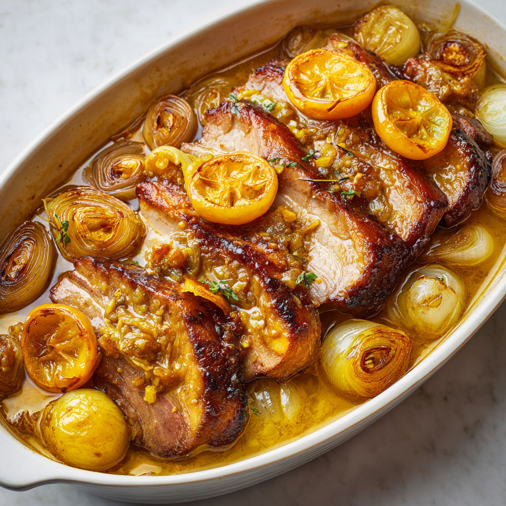 Porc tendre aux citrons confits, ail et vin blanc, le tout dans une cocotte généreuse.