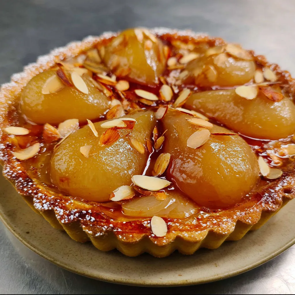 Tarte poires pochées et frangipane avec un dessus croustillant, touché moderne d’un classique français.