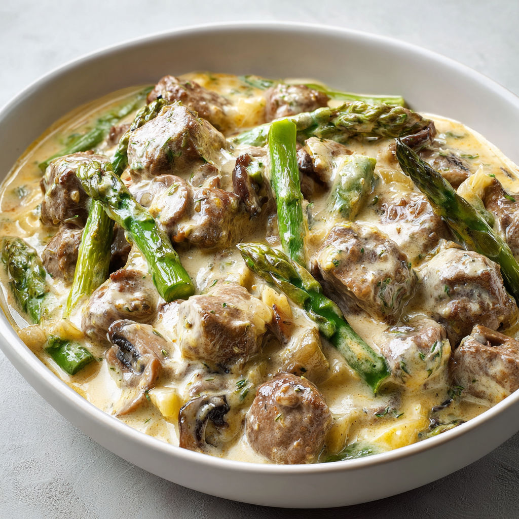 Un plat de veau tendre et asperges vertes servi dans une cocotte.