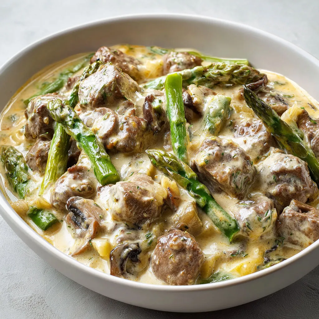 Un plat de veau tendre et asperges vertes servi dans une cocotte.
