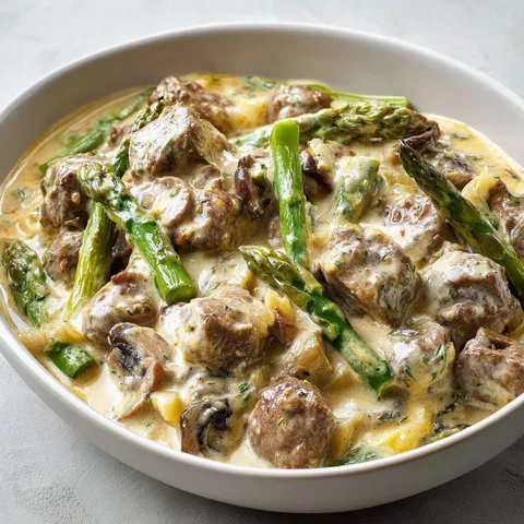 Un plat de veau tendre et asperges vertes servi dans une cocotte.