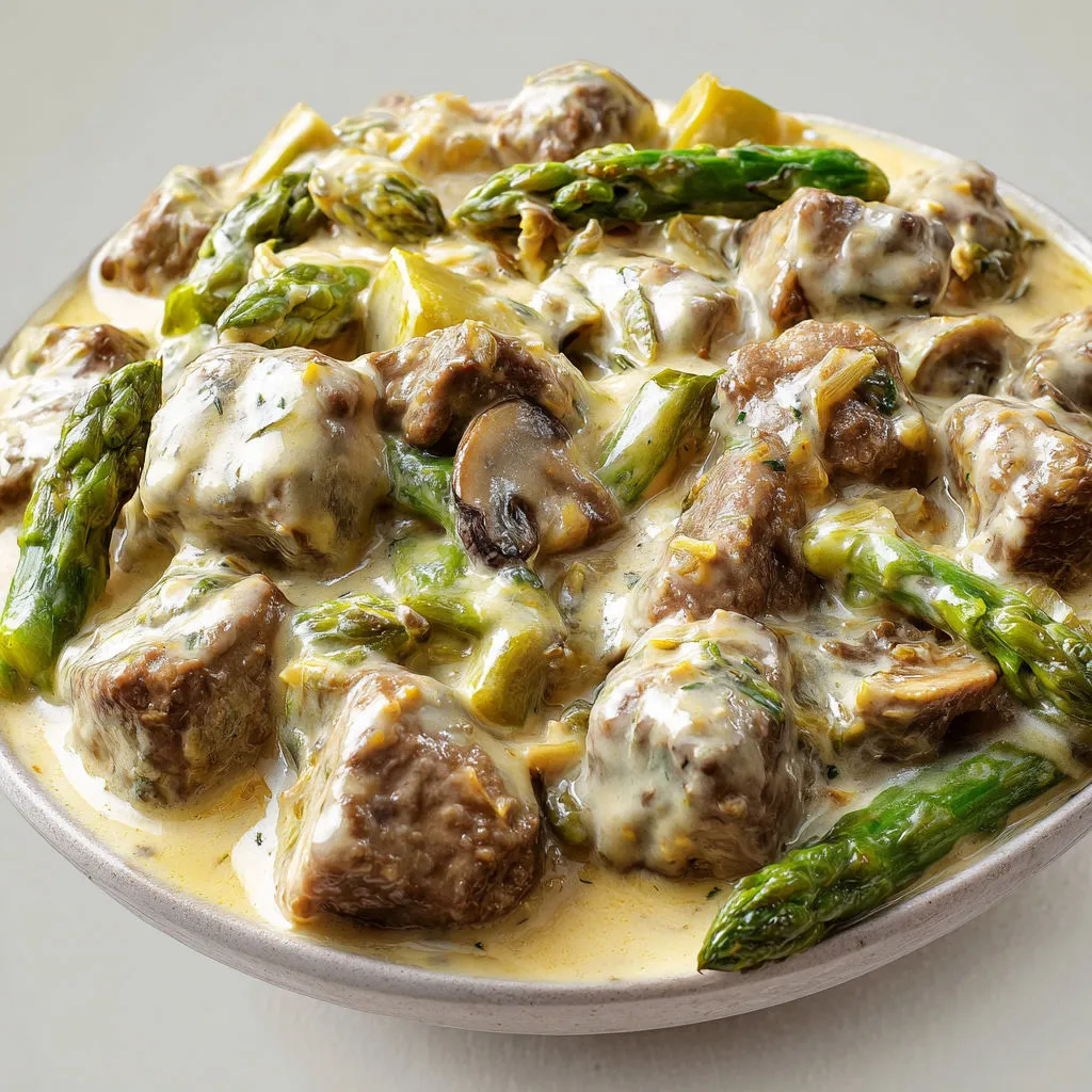 Mijoté de veau tout fondant avec asperges vertes croquantes et champignons, relevé à la moutarde à l’ancienne, pimenté d’anis vert.