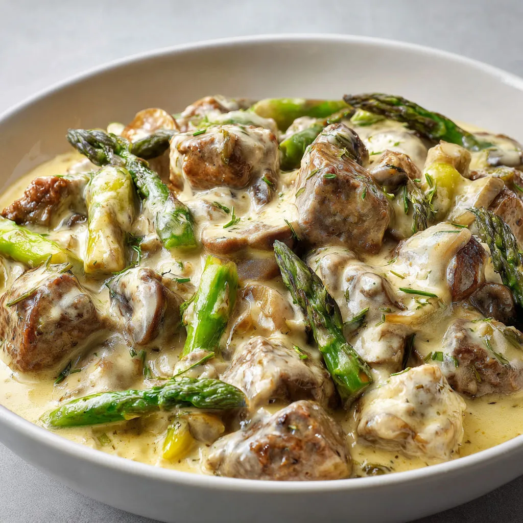 Veau ultra tendre en cocotte avec asperges bien croquantes, champignons gourmands et crème douce, rehaussé au fenouil sauvage.