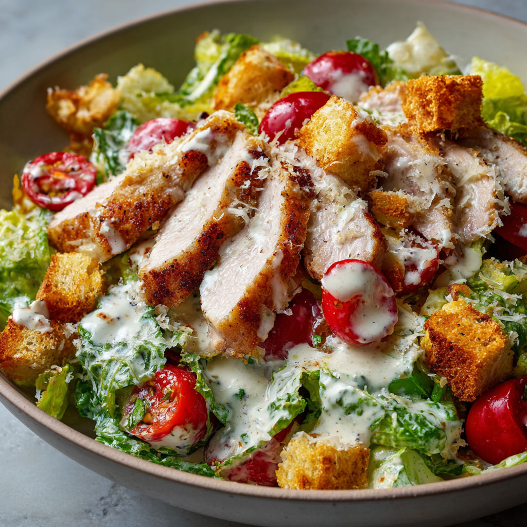 Une César au veau tendre, composée de crudités fraîches et de viande, servie dans un grand bol.