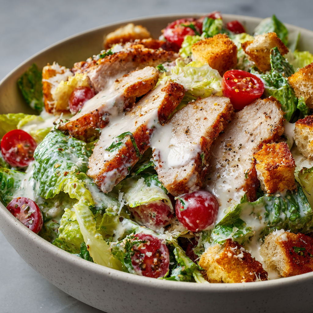 Assiette généreuse avec salade César à la noix de veau, croûtons maison et sauce onctueuse au parmesan et anchois