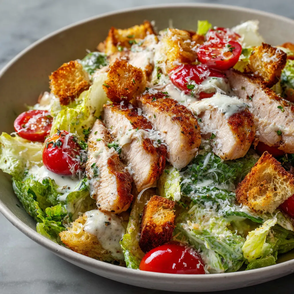 Version originale de la salade César : veau tendre, parmesan, croûtons maison et sauce citronnée aux anchois pour une salade qui change.
