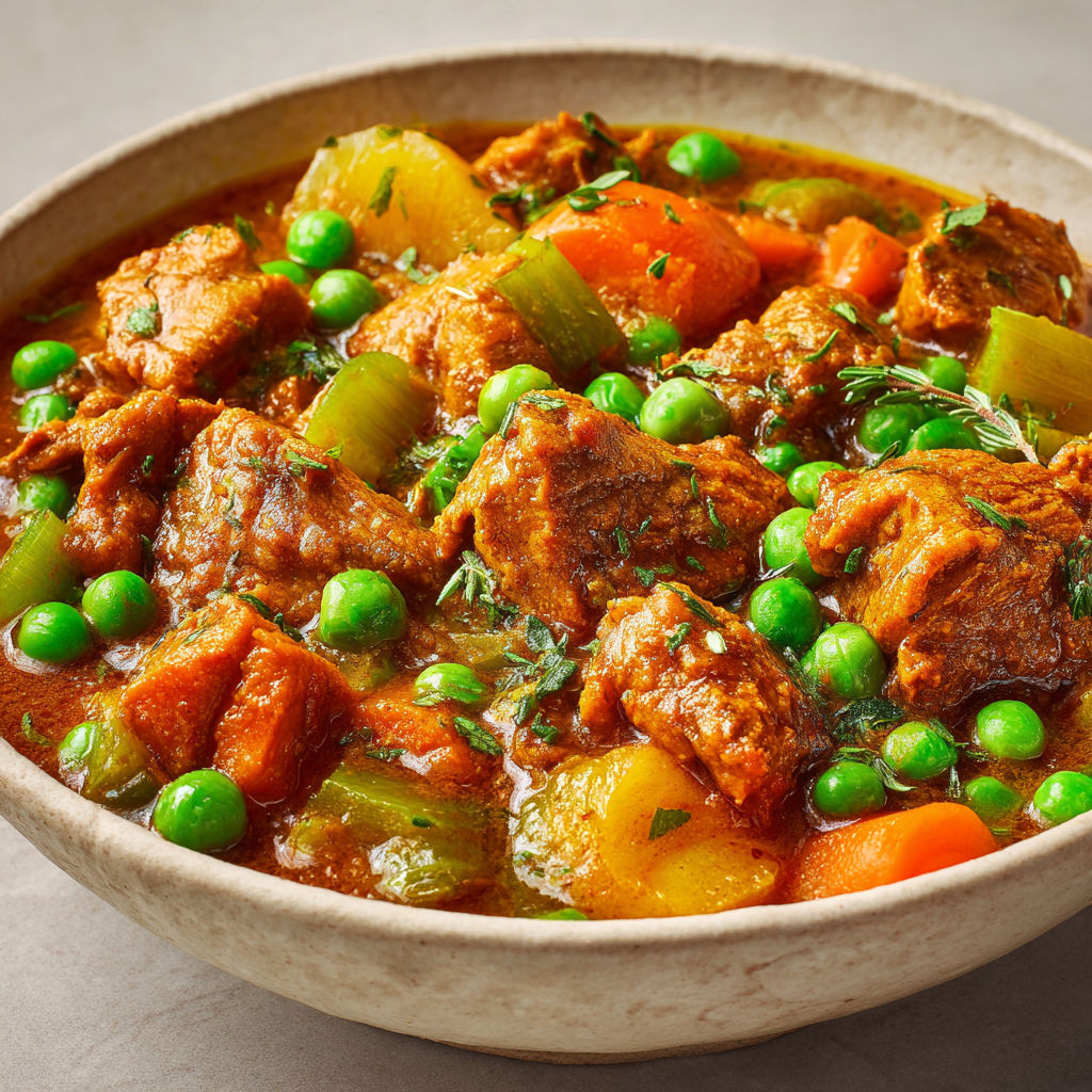 Un délicieux veau tandoori accompagné de légumes et petits pois, servi dans une assiette.