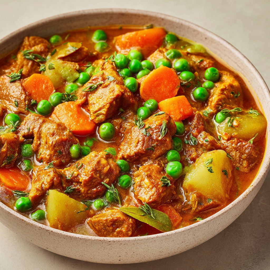 Quasi de veau en sauce tandoori, petits pois nappés d’arômes concentrés.