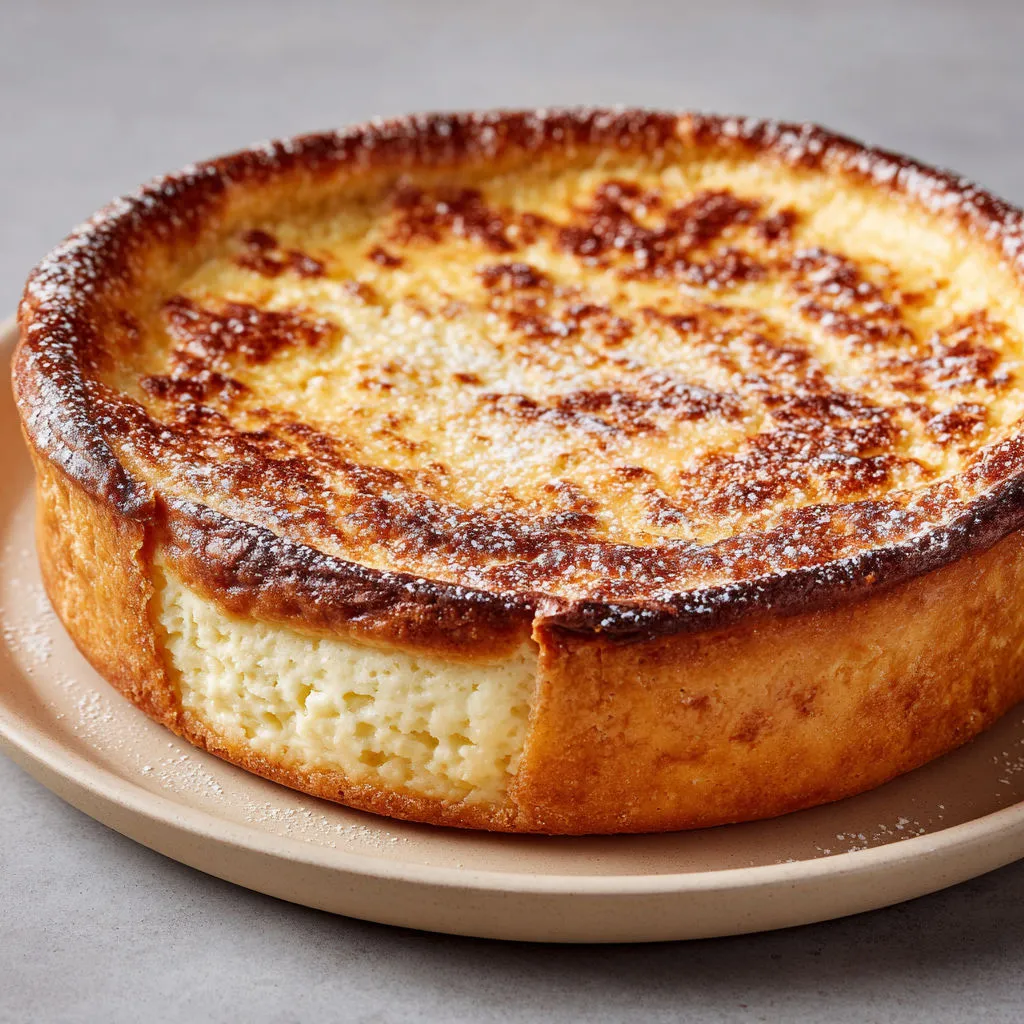 Une part de tarte au fromage blanc d’Alsace encore dans le moule, posée sur un joli plateau.