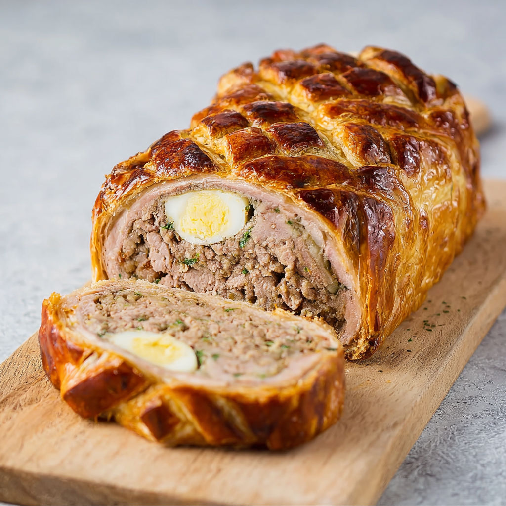 Pain de veau doré, farce moelleuse aux herbes et look rustique.