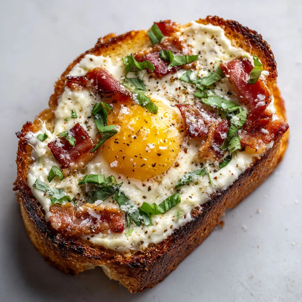 Un pain perdu carbonara garni de bacon, fromage et herbes fraîches.