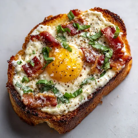 Un pain perdu carbonara garni de bacon, fromage et herbes fraîches.