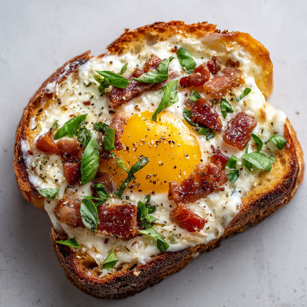 Tartine carbonara revisitée à la française, pain crousti-fondant et lardons dorés.