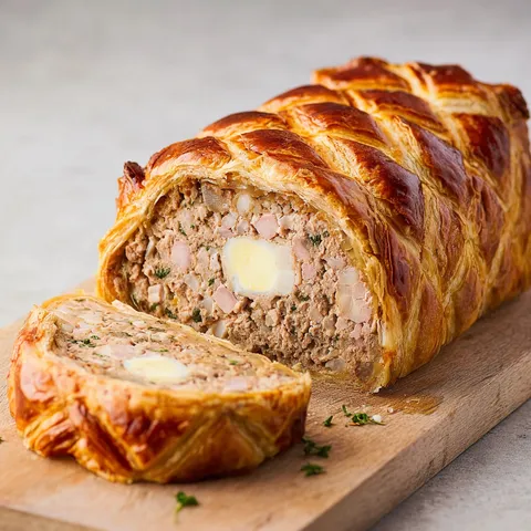 Une tranche de veau en croûte dorée servie joliment sur une planche.