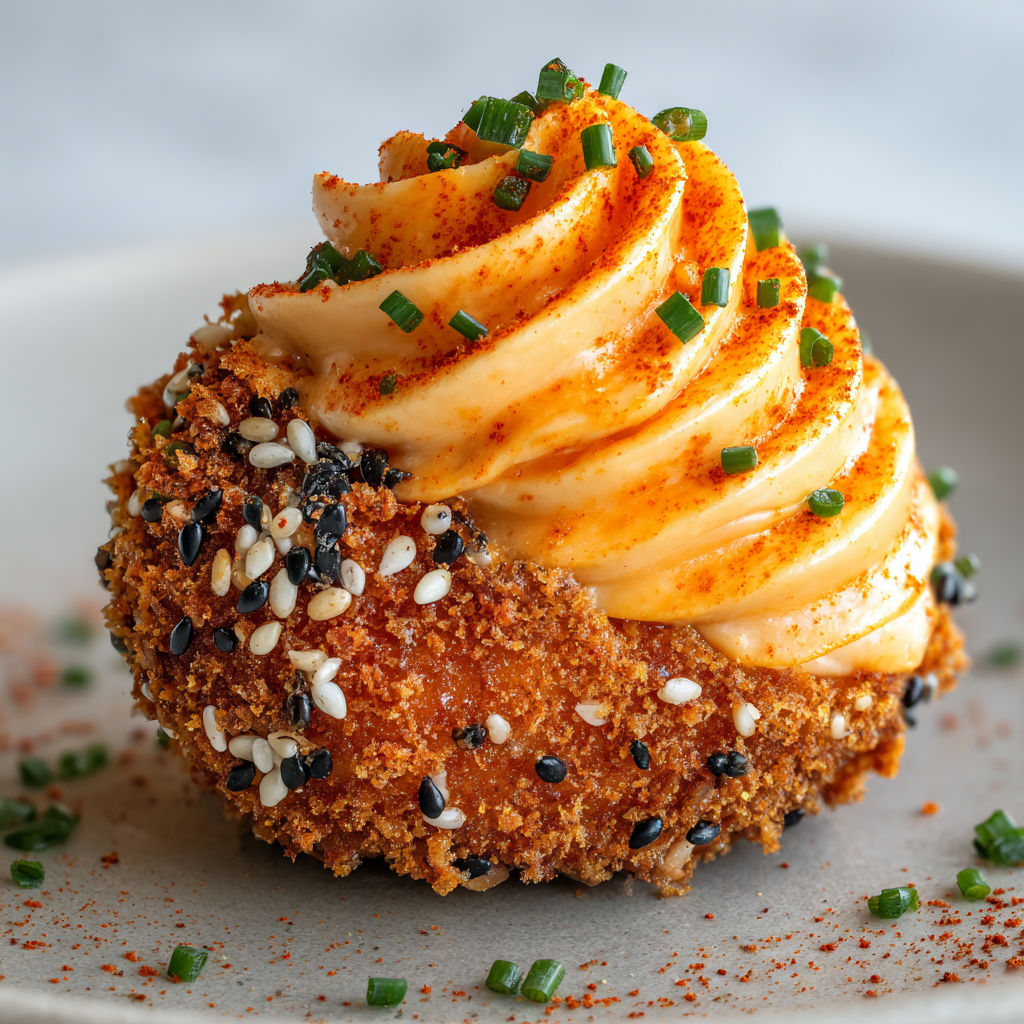 Œufs croustillants et mousse au chorizo revisités joliment dorés.