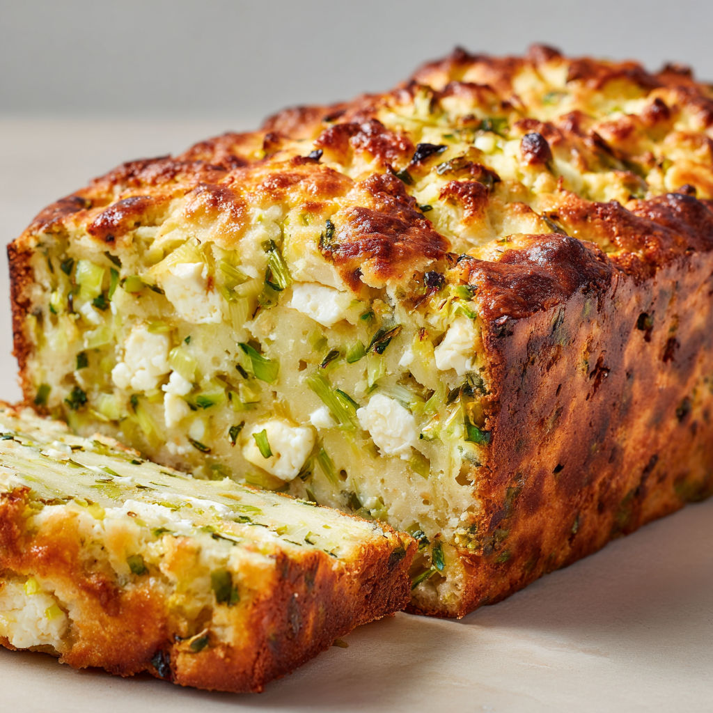 Cake salé malin aux verts de poireaux et feta, tout simple et très gourmand.