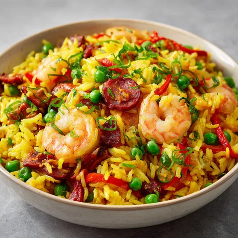 Un bol de riz agrémenté de moules, de crevettes et de légumes estivaux aux saveurs méditerranéennes.