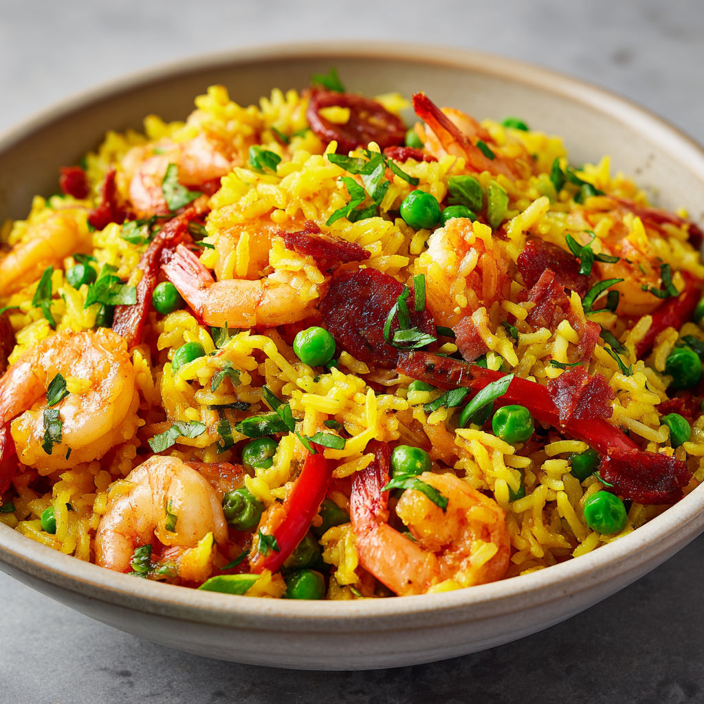 Salade colorée de fruits de mer, riz, légumes et chorizo savoureux.