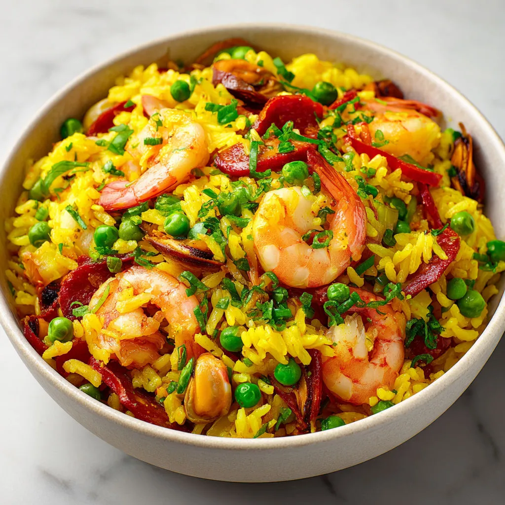 Bol de riz, moules, crevettes, chorizo et légumes façon tapas méditerranéen.