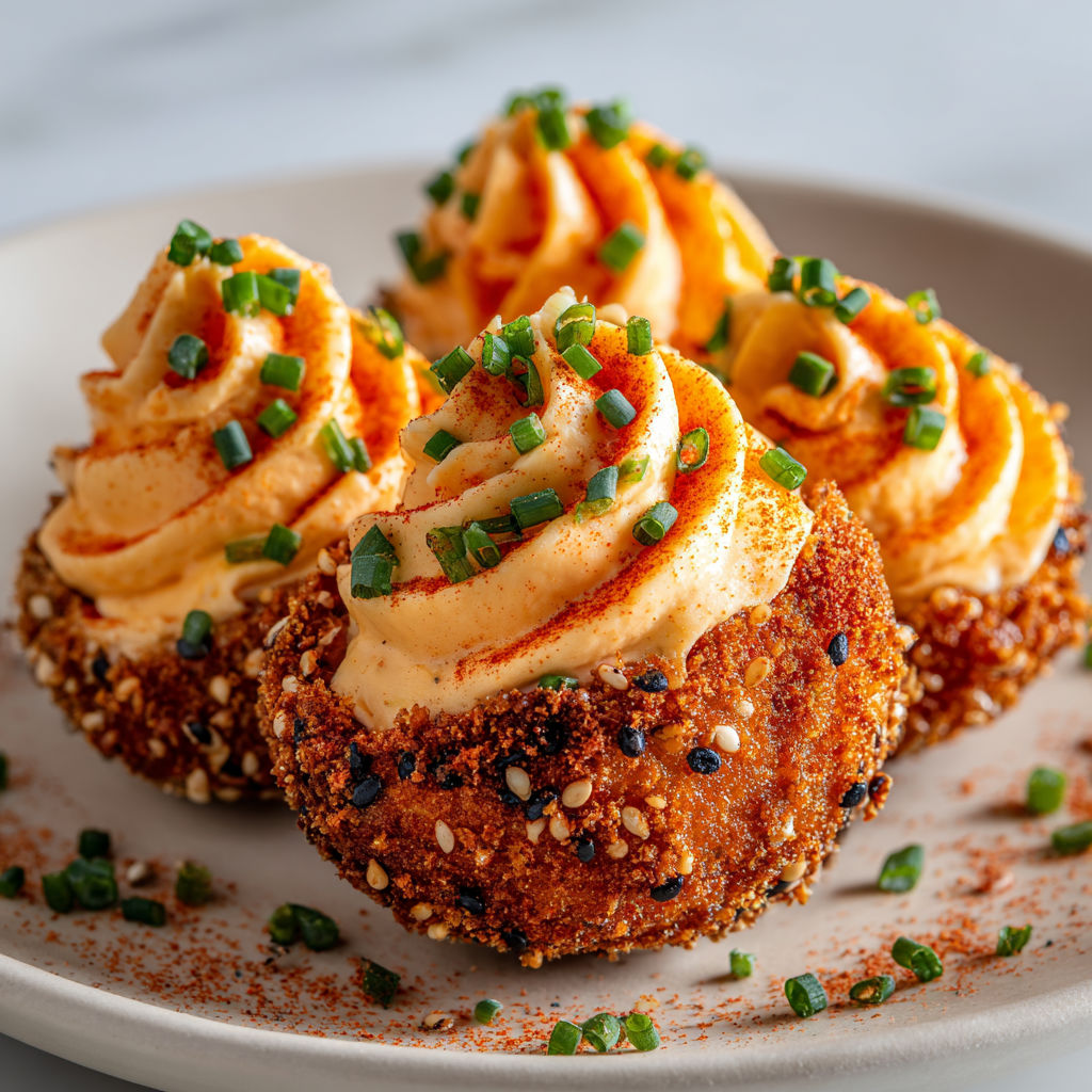 Œufs mimosa crunchy au chorizo avec centre onctueux et panure dorée.