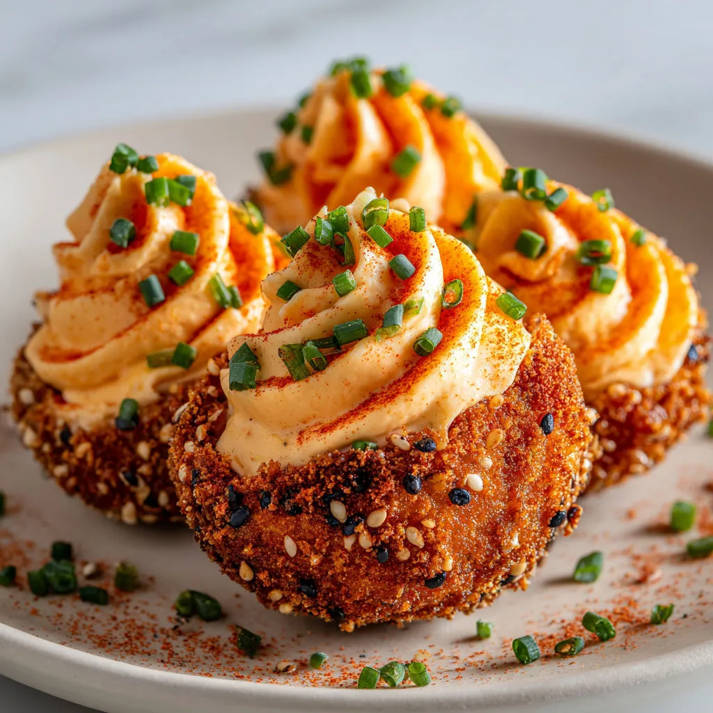 Œufs mimosa crunchy au chorizo avec centre onctueux et panure dorée.