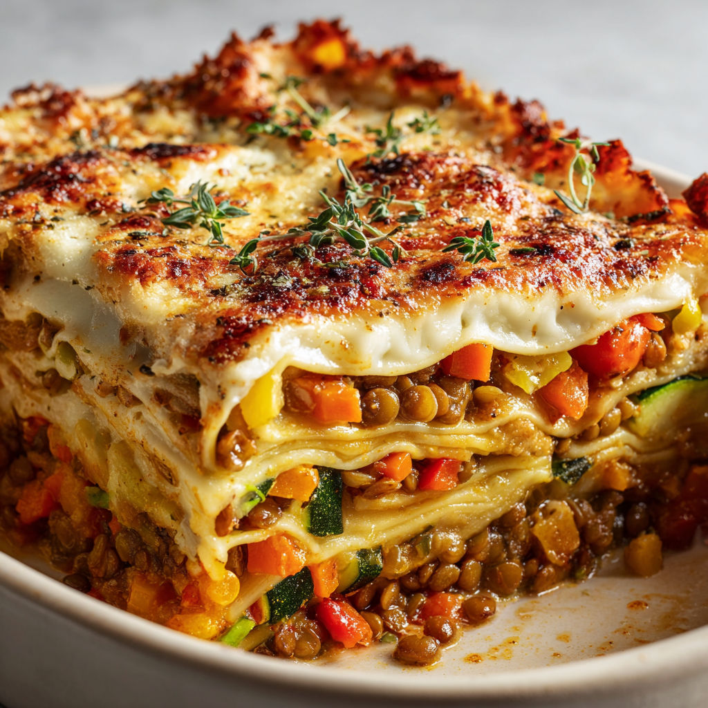 Plat gourmand de lasagnes aux lentilles et légumes frais, décoré d’herbes aromatiques.