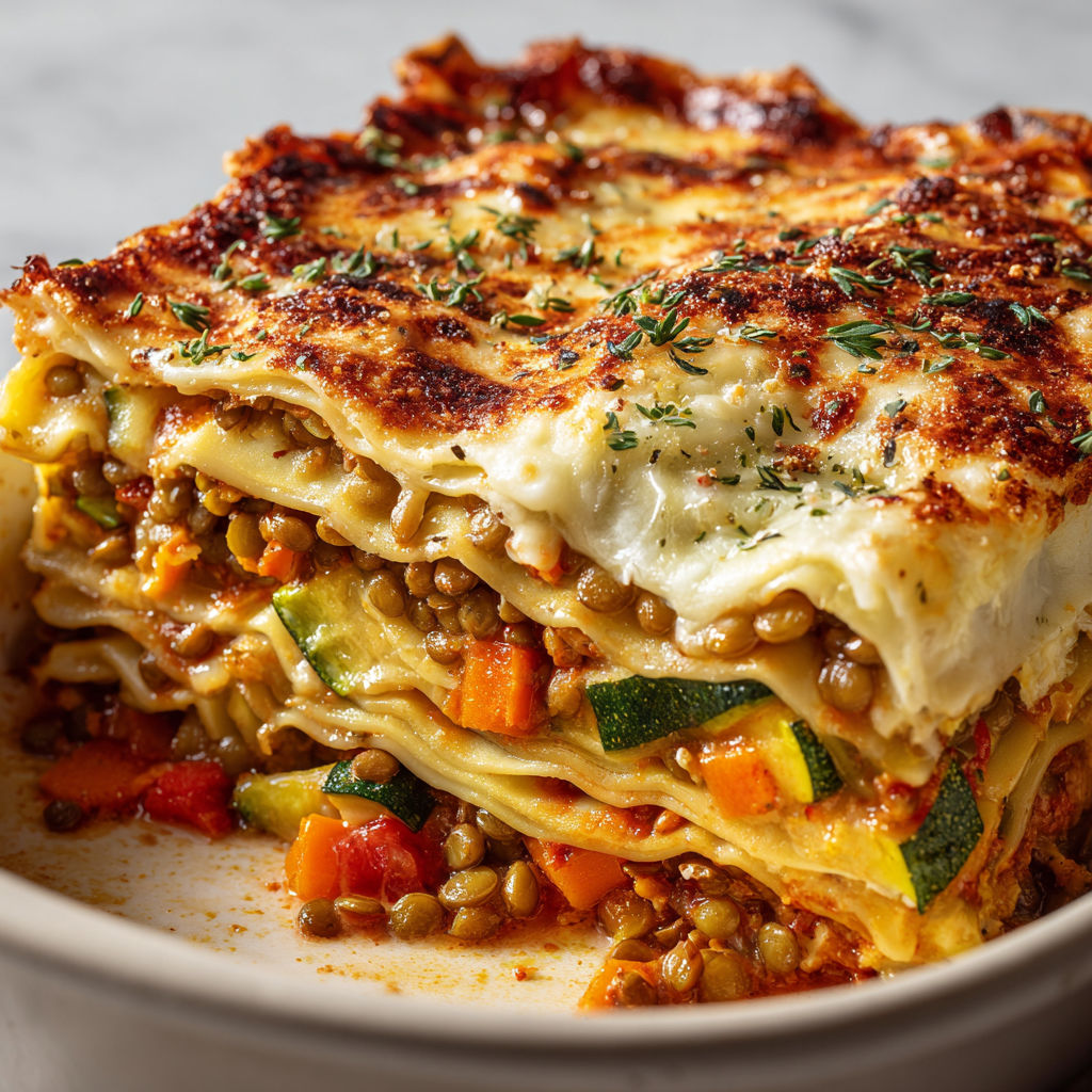 Lasagnes veggie fondantes avec lentilles et légumes savoureux.