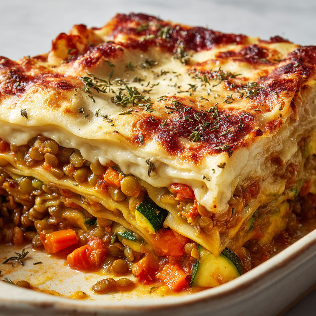 Lasagnes gratinées aux lentilles vertes, saines et réconfortantes.