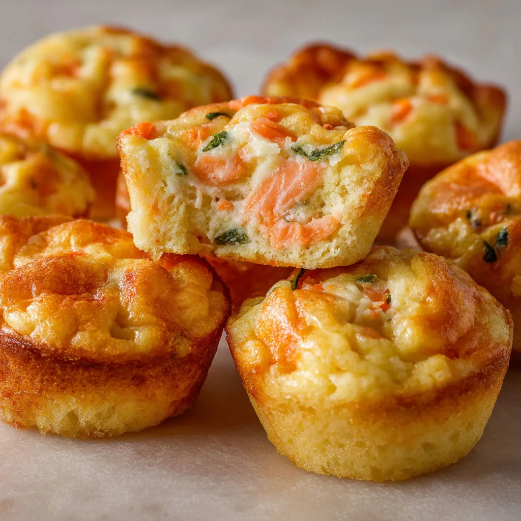 Des cakes moelleux au saumon et Boursin sur une jolie table.