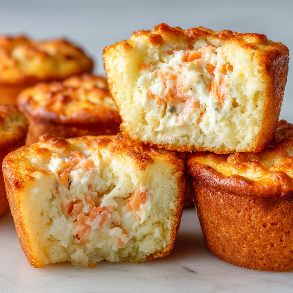 Mini cakes salés saumon et Boursin, tout doux et pleins de goût.