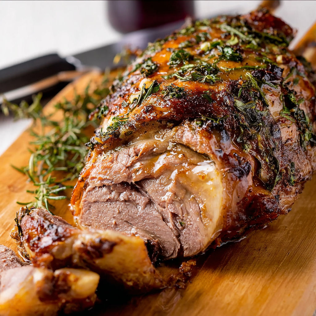 Gigot d’agneau rôti, recouvert d’herbes et d’épices, prêt à déguster.