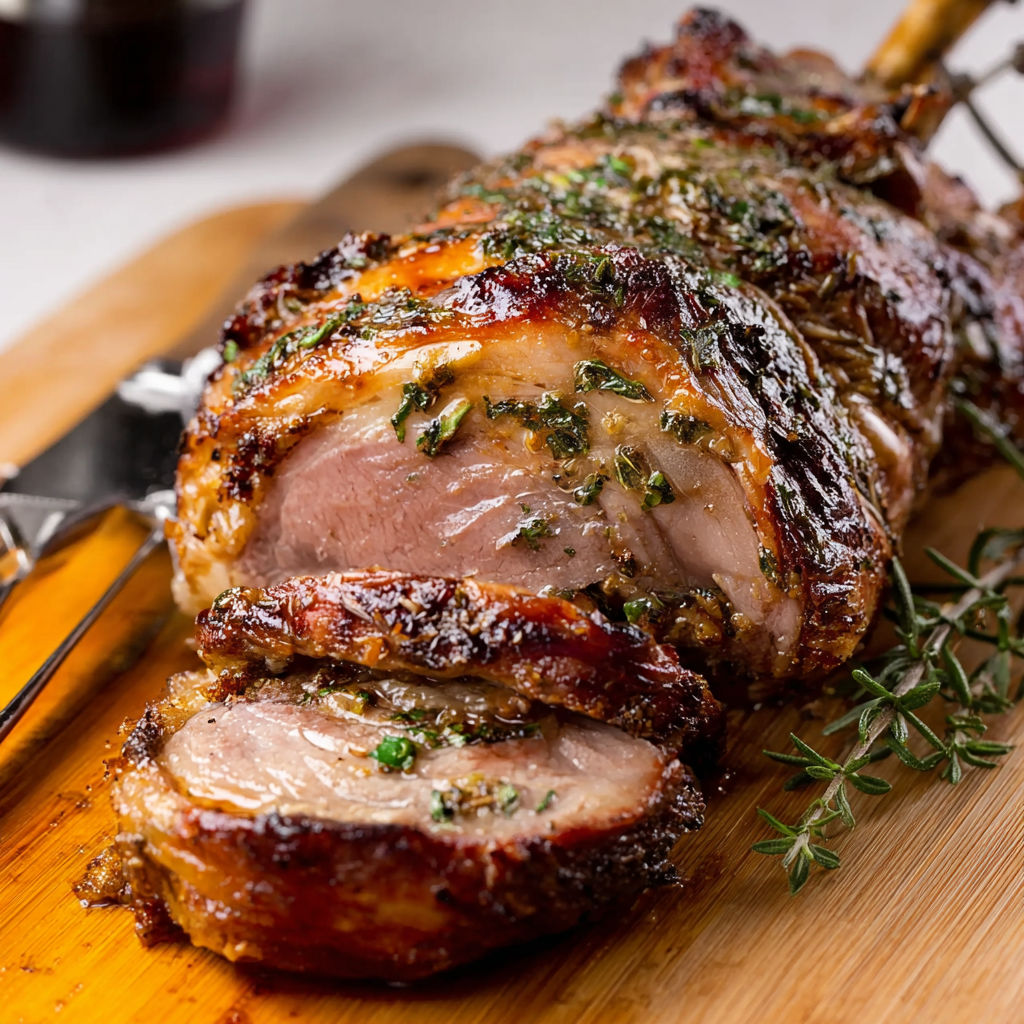 Gigot d’agneau à la broche, viande grillée aux herbes posée sur une planche.