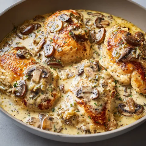 Un savoureux mélange de poulet crémeux et de champignons dans un bol.