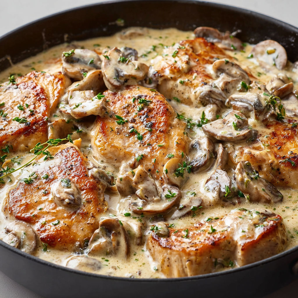 Un plat de poulet et champignons avec des herbes servi dans une cocotte.