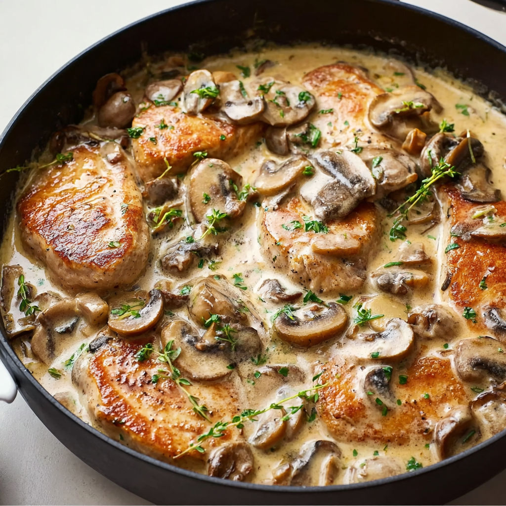Un plat de poulet et champignons aux herbes.