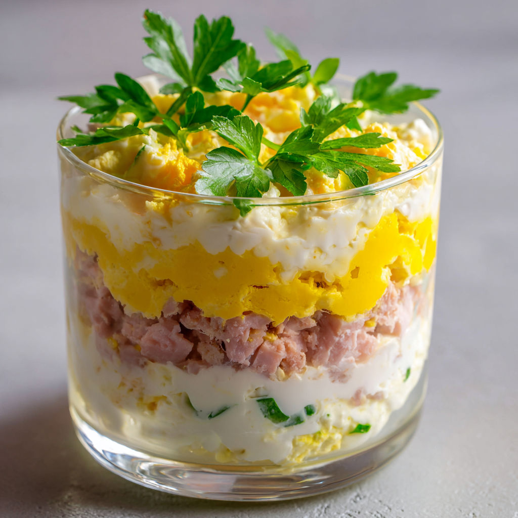 Verre transparent avec une verrine d'oeuf mimosa et jambon.