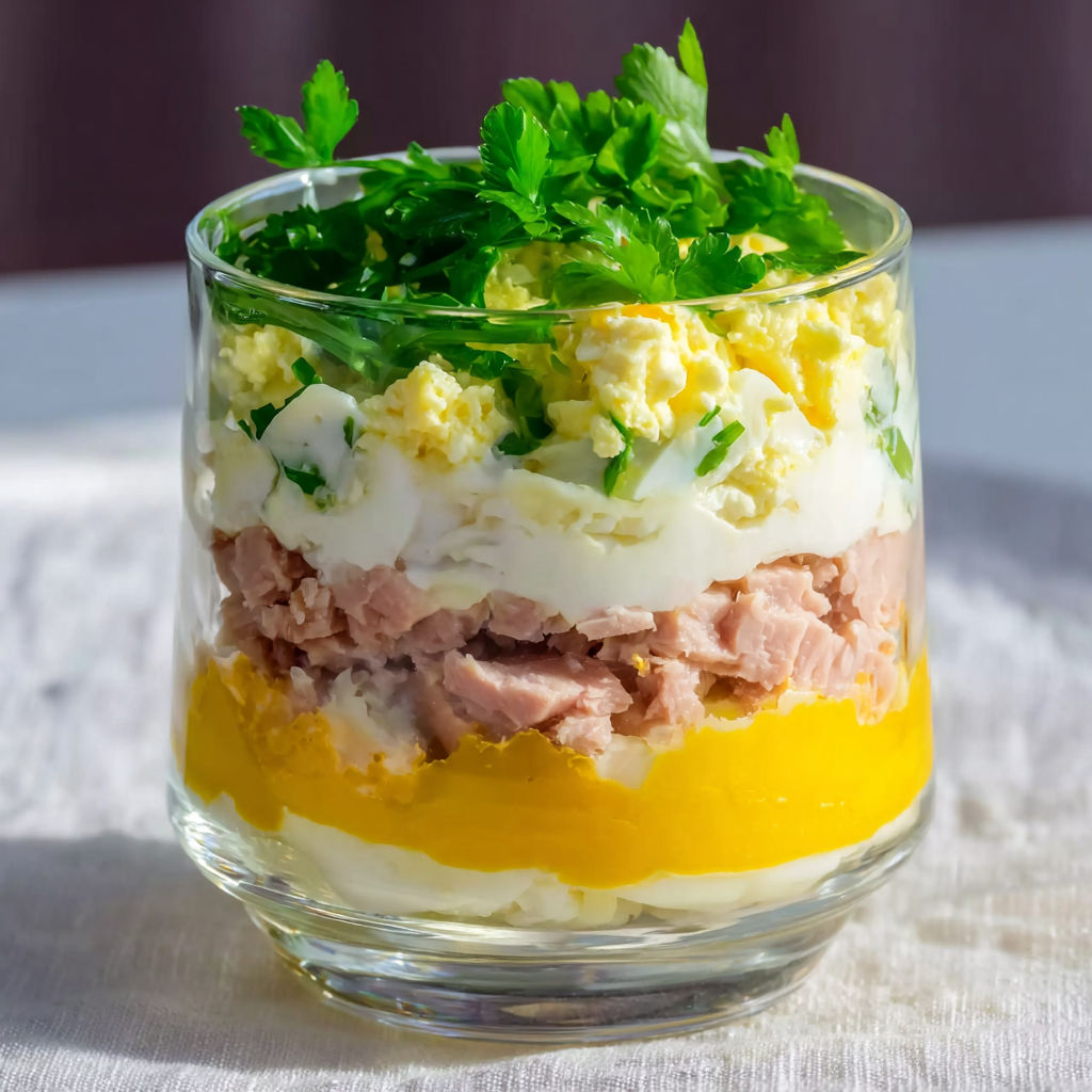 Verrines œufs mimosa revisitées jambon, faciles et élégantes.