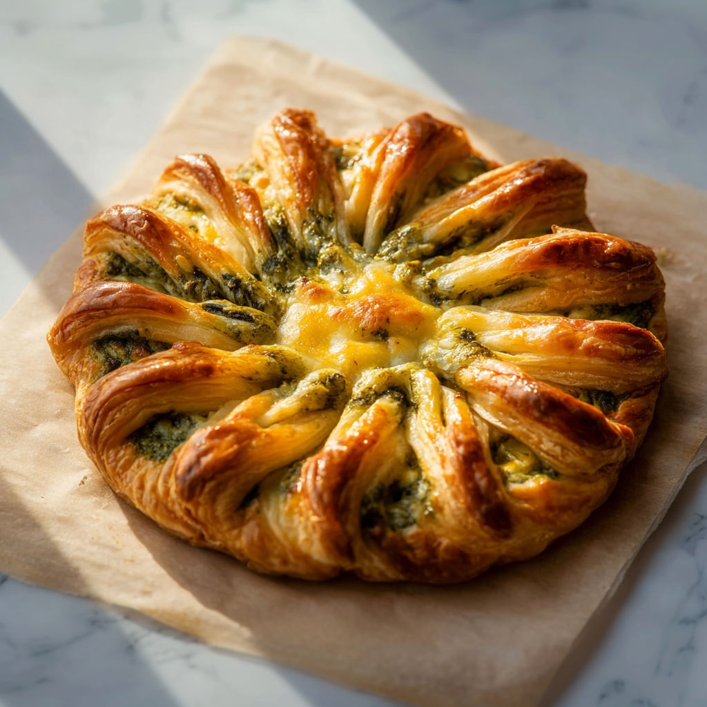 Une pâte feuilletée dorée aux herbes et fromages servie sur un papier beige.
