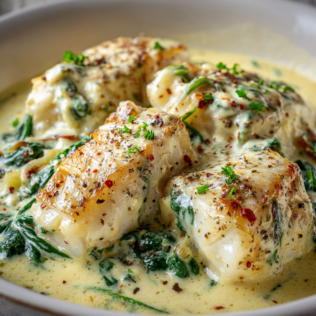 Dos de cabillaud sur épinards avec sauce crémeuse à la moutarde, facile et plein de saveur.