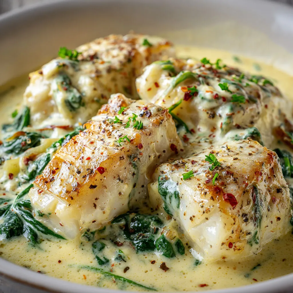 Dos de cabillaud sur épinards avec sauce crémeuse à la moutarde, facile et plein de saveur.