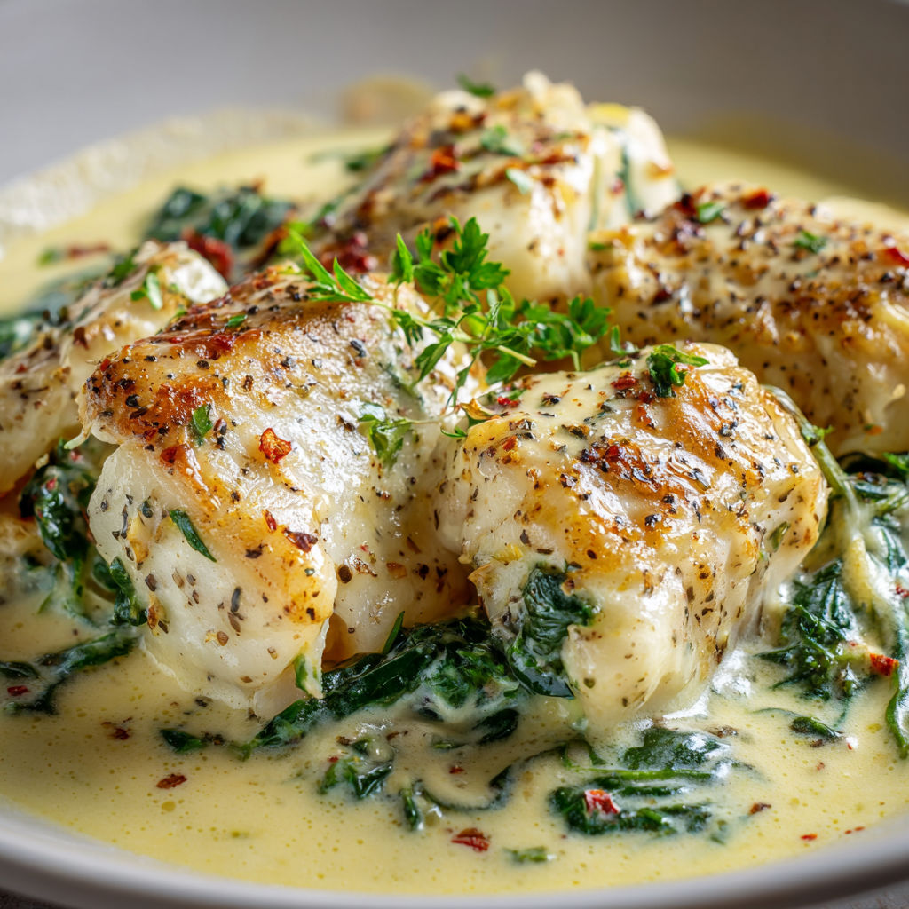 Cabillaud vapeur servi avec des épinards fondants et une sauce crémeuse au poisson.