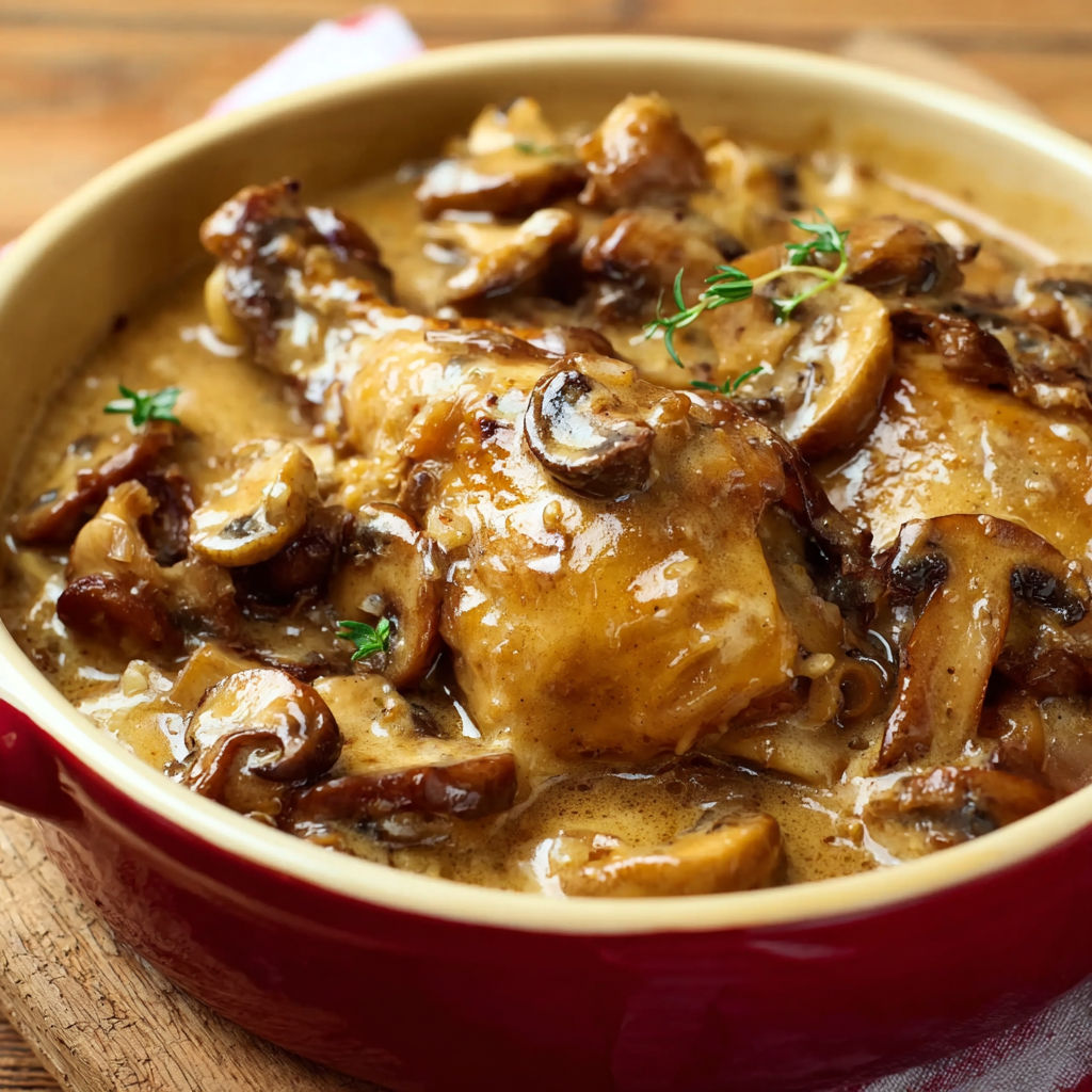 Une cocotte de cailles mijotées avec champignons, servie tout chaud dans un plat rustique.