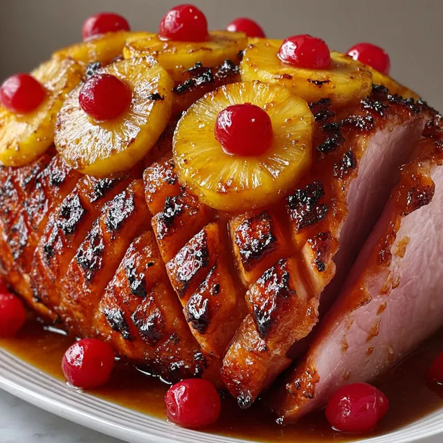 Jambon glacé entouré d’ananas et de cerises brillantes.