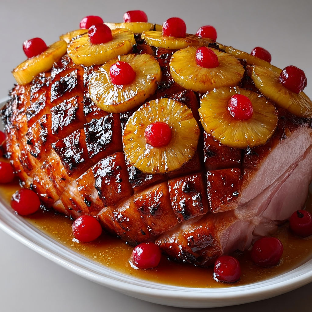 Jambon nappé d’ananas et de cerises, doré avec du miel et de la moutarde.