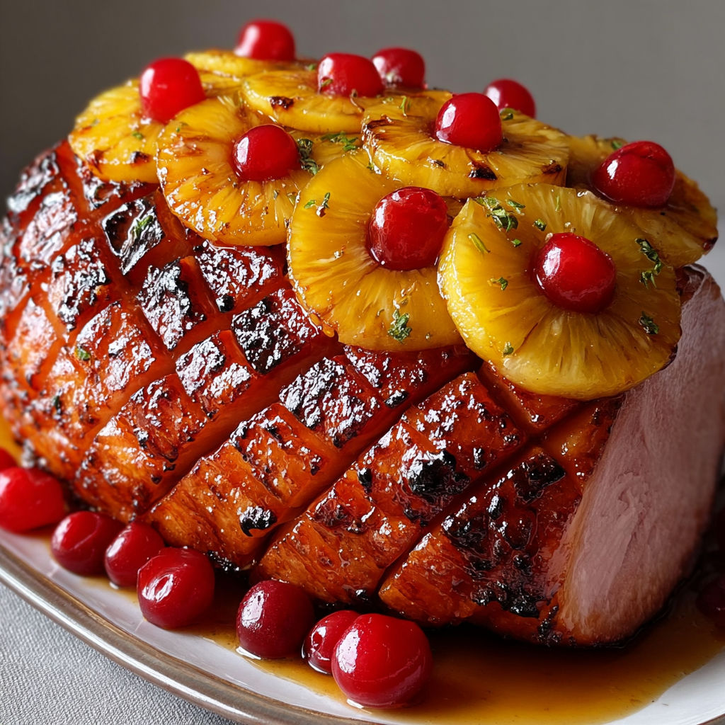 Jambon doré au four avec un glaçage sucré, ananas bien tendre et touche colorée.
