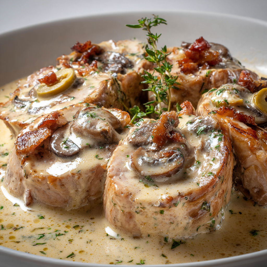 Délicieuses paupiettes de veau mijotées avec vin blanc et champignons.