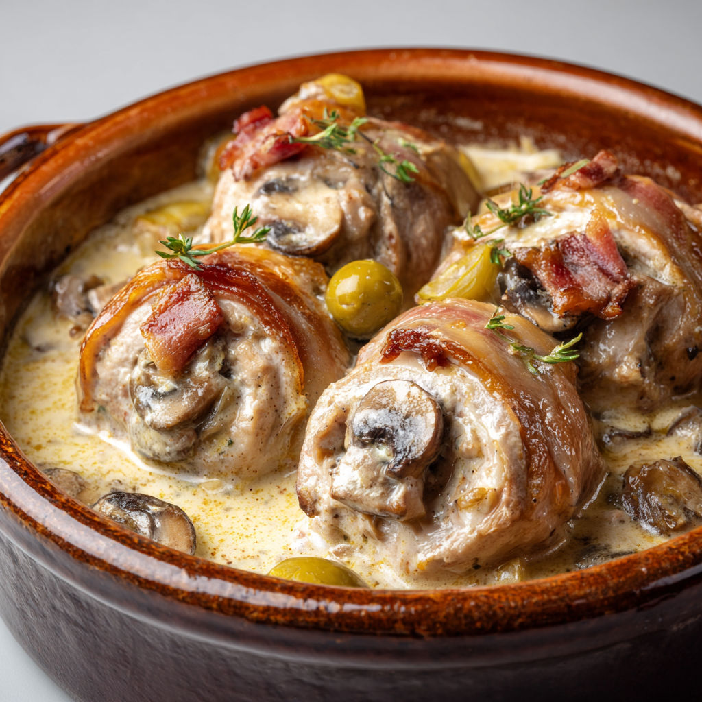 Une assiette de paupiettes de veau au vin blanc et champignons, servies dans un bol en céramique.